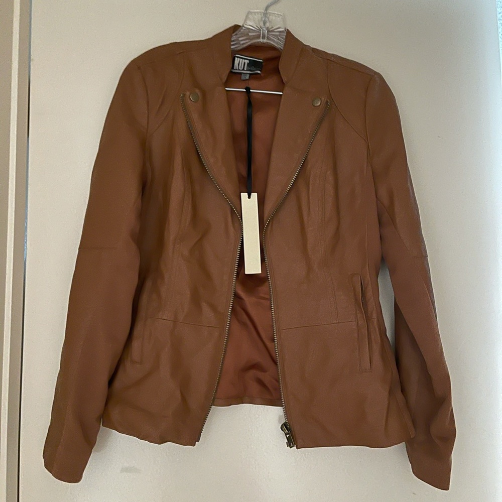 Faux fun brown leather jacket